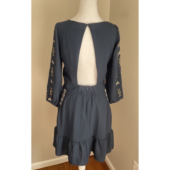 Dress Forum M Navy Embroidered Corset Tie Front Short Boho Hippie Alpine Oktober - Picture 7 of 16